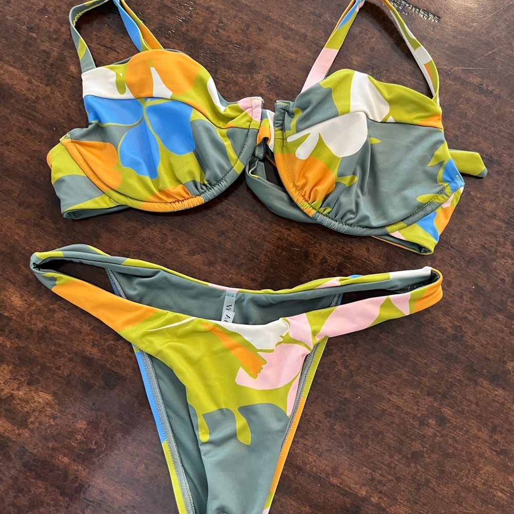 Vitamin A Goldie Underwire top and bottom. Colorful Abstract Bikini Set